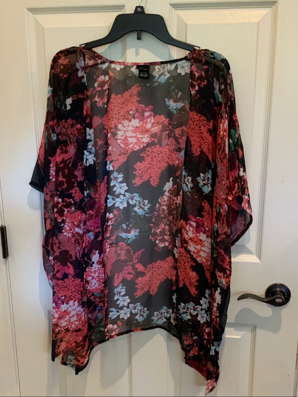 Cejon Black Sheer Floral Kimono with Red and Teal Accents